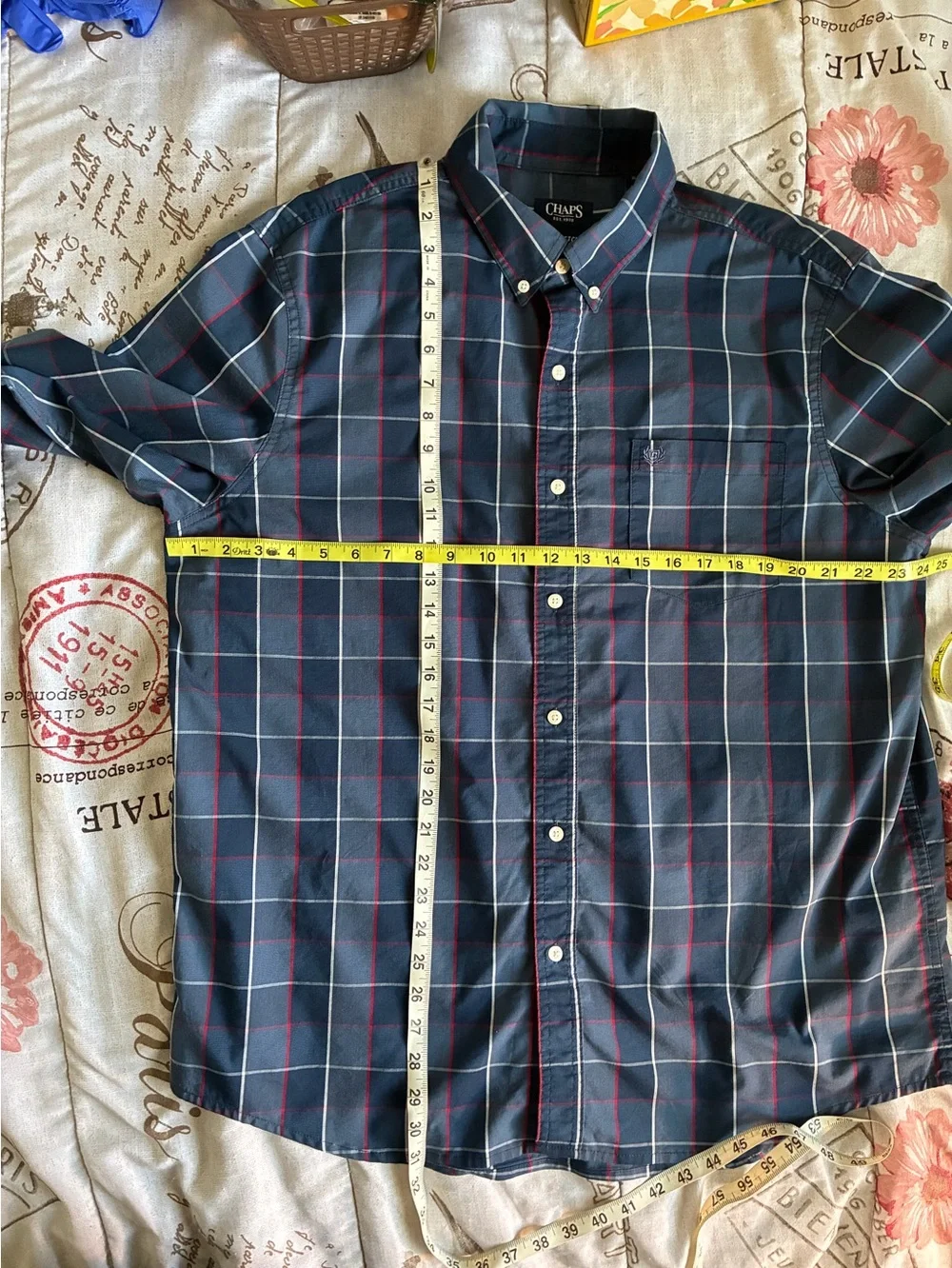 Chaps Navy Plaid Button-Down Shirt with Red and White Grid. Size XL
